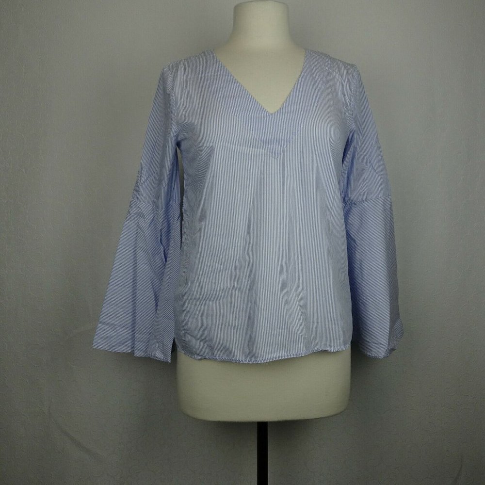 Zara Size XS Blue White Striped V Neck Shirt Bell Sleeves